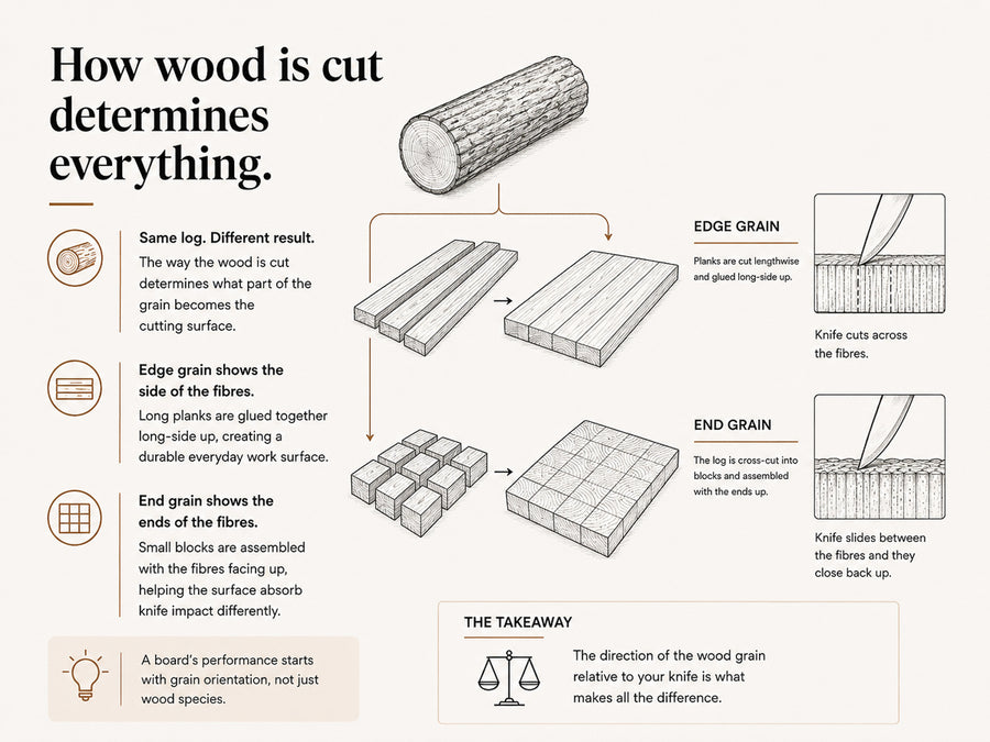 Diagram explaining how grain orientation makes a difference when making a cutitng board