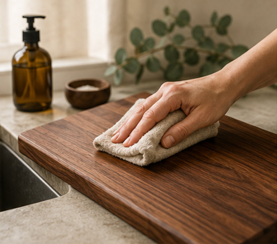picture of a human wiping a cutting board with a cloth near the sink