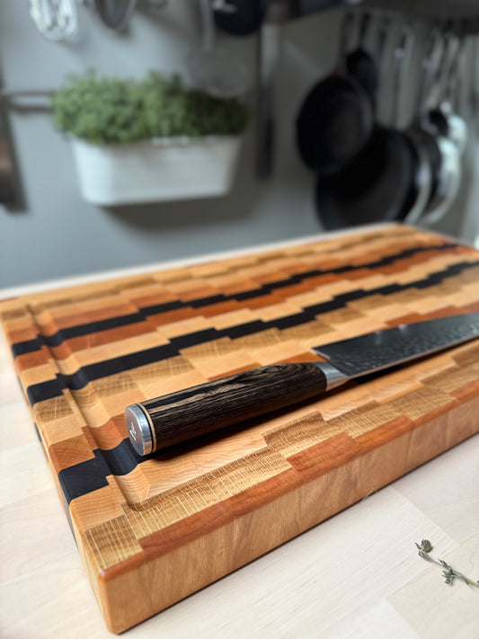 "WAVERLEY" MAPLE+WALNUT+CHERRY+WHITE OAK END GRAIN CUTTING BOARD