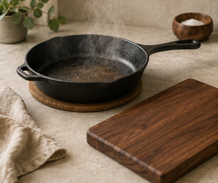 Walnut cutting board and hot sauce pan beside, with a heat cozy underneath