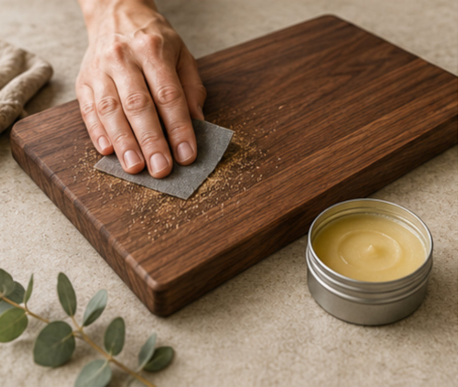person using sandpaper to refinish a cutting board