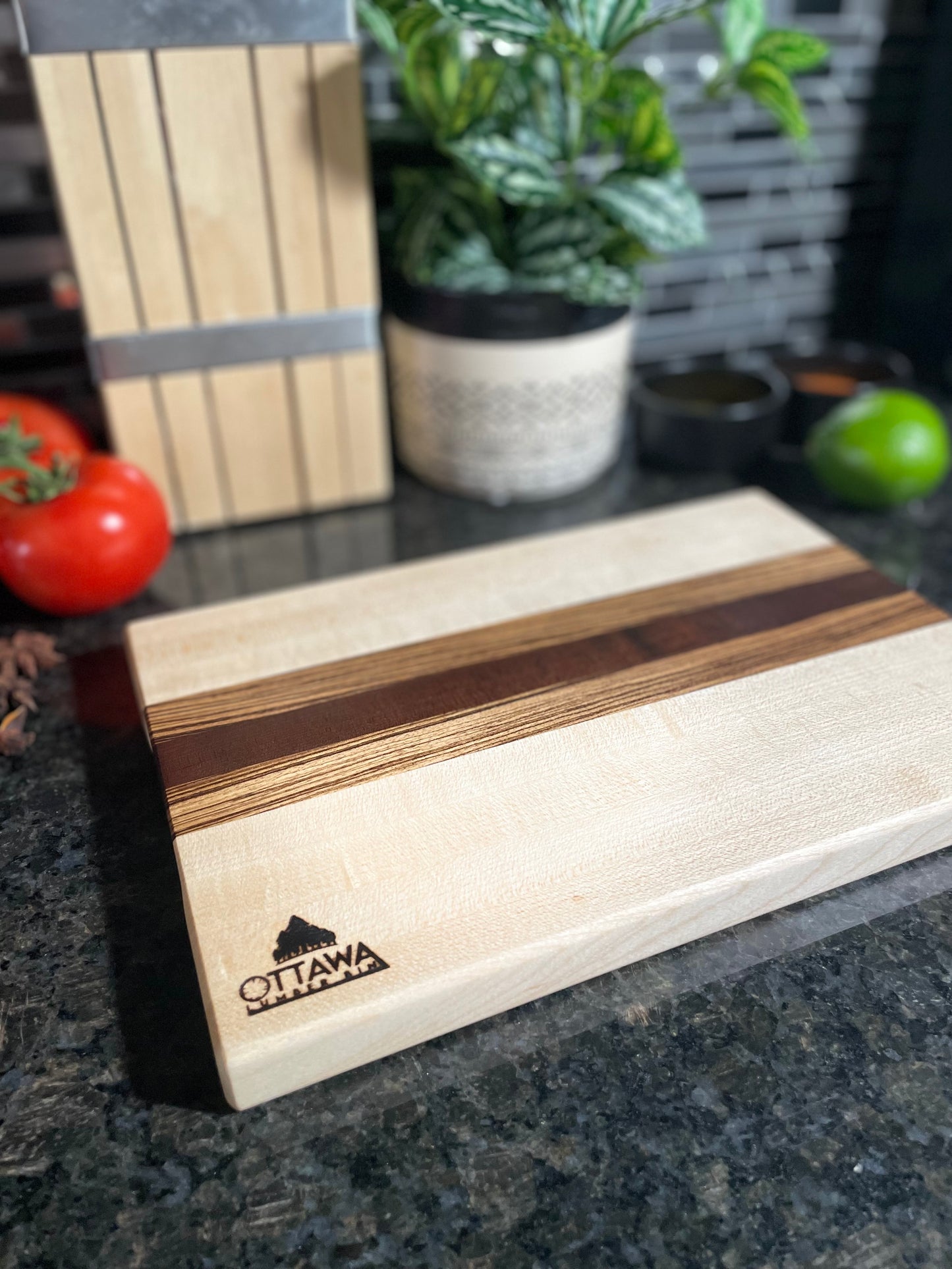 "COTTINGHAM" MAPLE+ZEBRAWOOD+TOASTED MAPLE EDGE GRAIN CUTTING BOARD