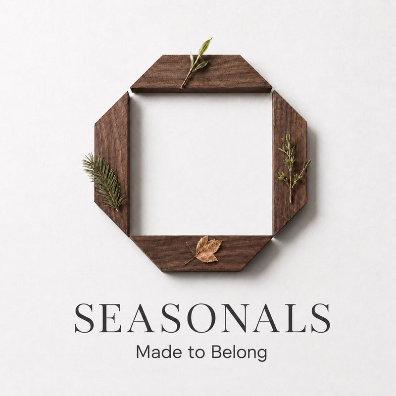 Seasonals collection graphic featuring handcrafted walnut pieces and botanical details representing the four seasons.