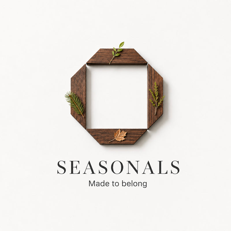 Seasonals collection graphic featuring handcrafted walnut pieces and botanical details representing the four seasons.