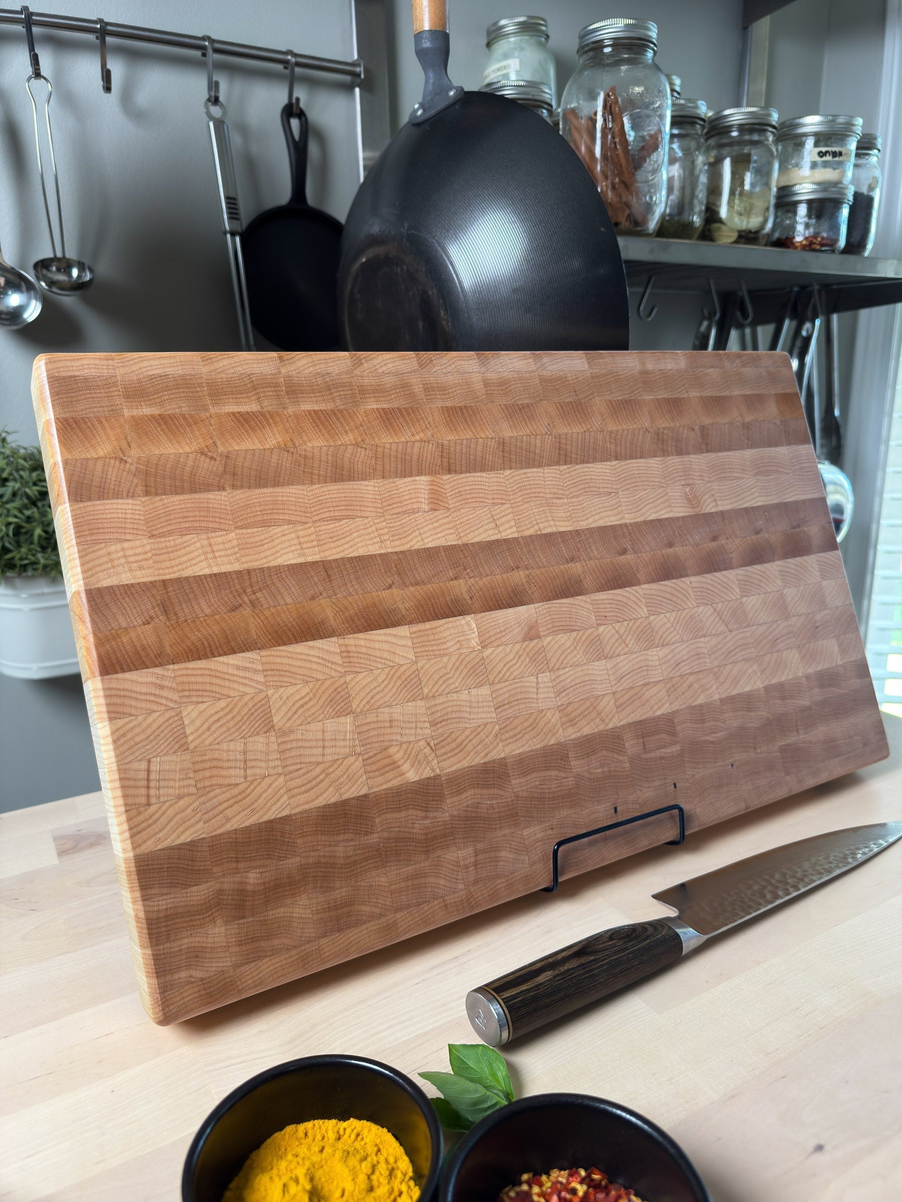 Langford maple end grain cutting board in kitchen - how to care for your cutting board