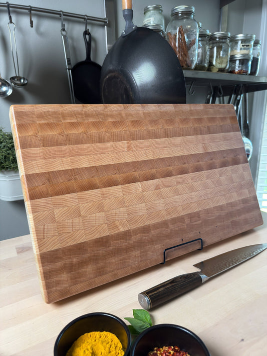 Langford maple end grain cutting board in kitchen - how to care for your cutting board
