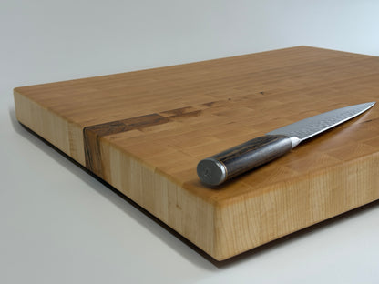 Maple end grain butcher block with chef's knife – handmade custom cutting board by Ottawa Lumber Bin