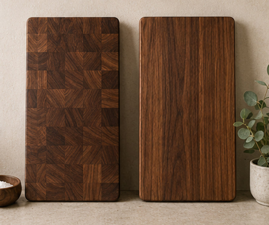 side by side picture of 2 walnut cutting boards. One is edge grain and the other is end grain