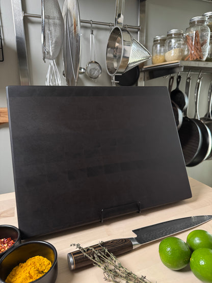Handmade walnut end grain cutting board standing upright — Ashford by Ottawa Lumber Bin