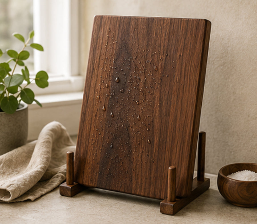 Wet cutting board standing upright to dry