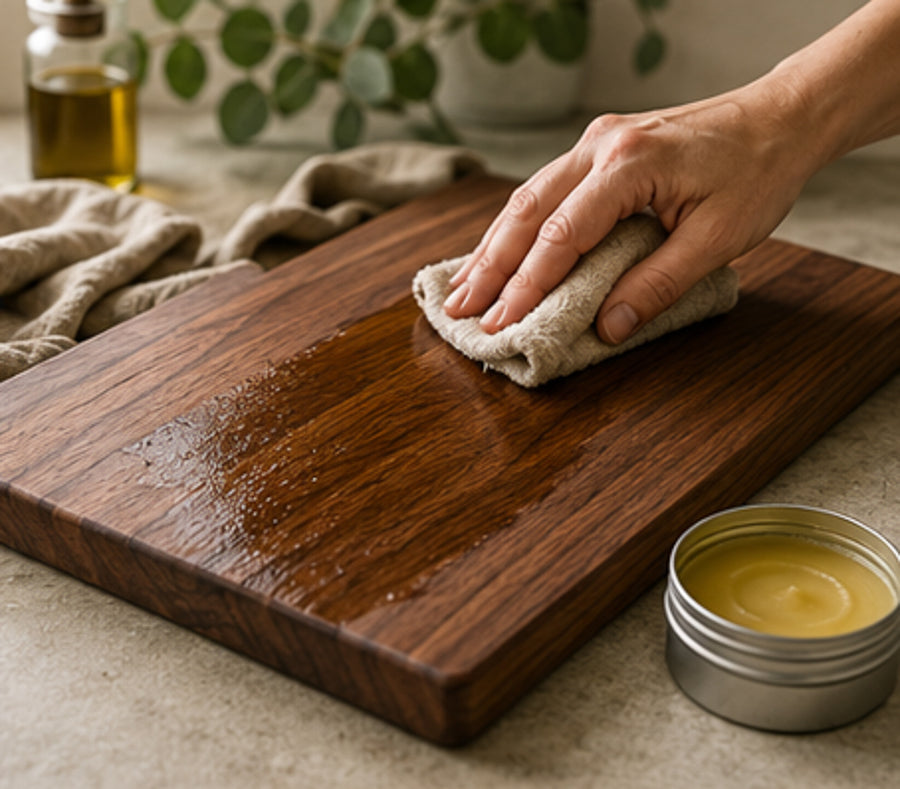 Someone using a cloth to apply board cream or beeswax to a cutting board