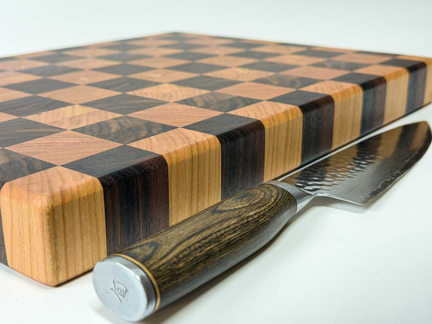 End grain butcher block angled top view showing checkerboard surface and corner detail, Ottawa Lumber Bin