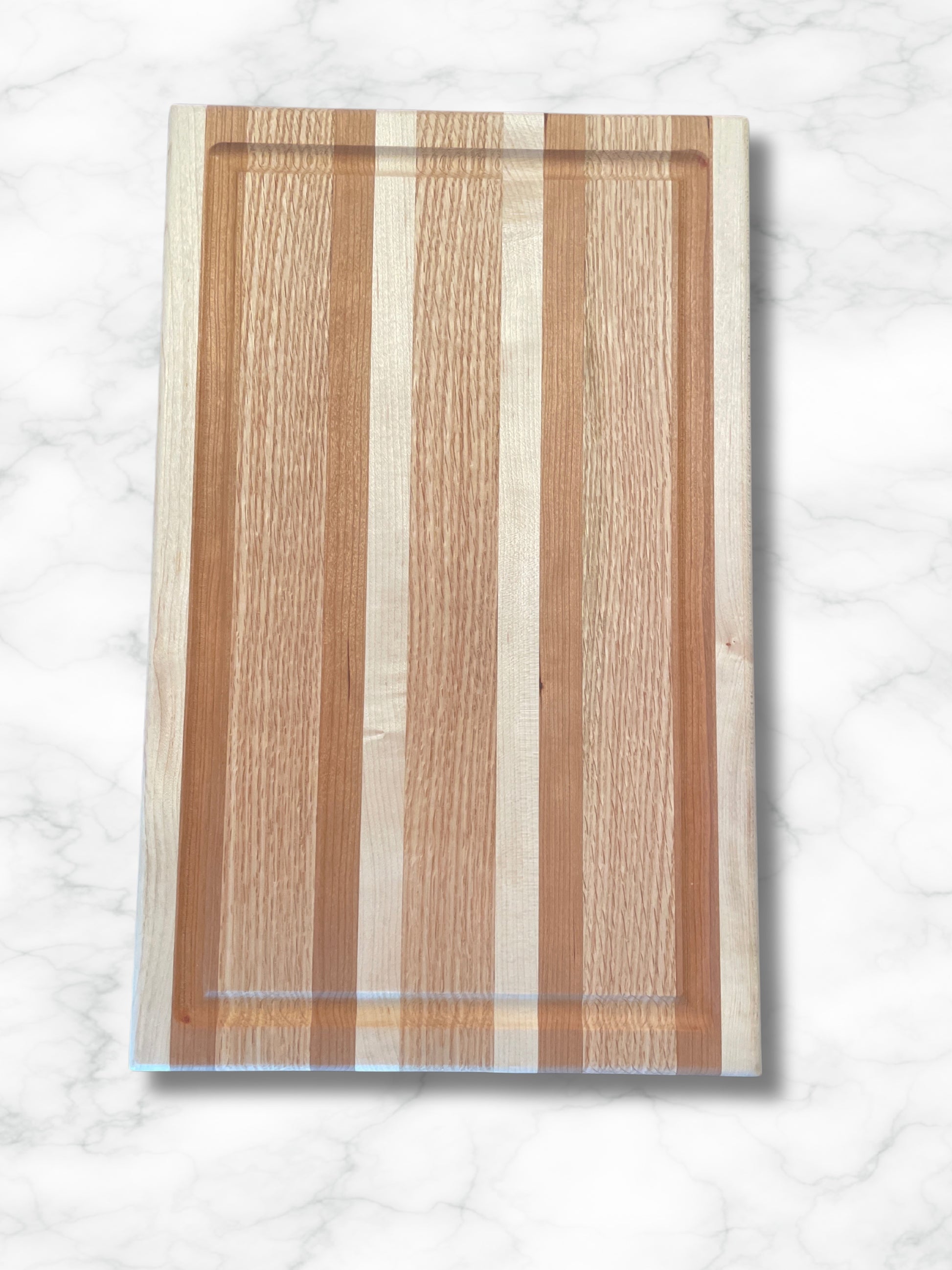 handmade edge grain ash maple oak wood cutting board, top view