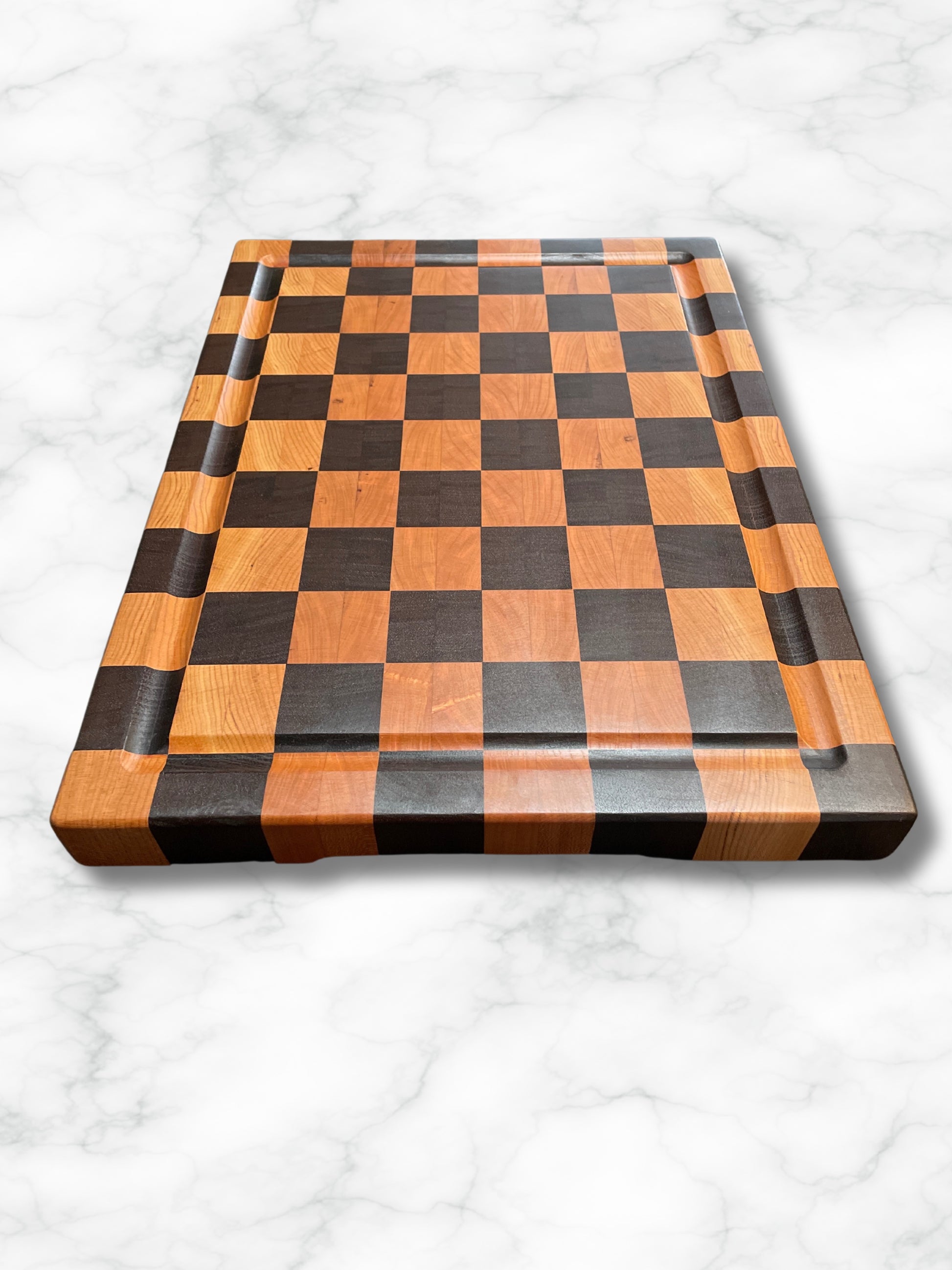 custom handmade end grain walnut cherry wood cutting board, top view