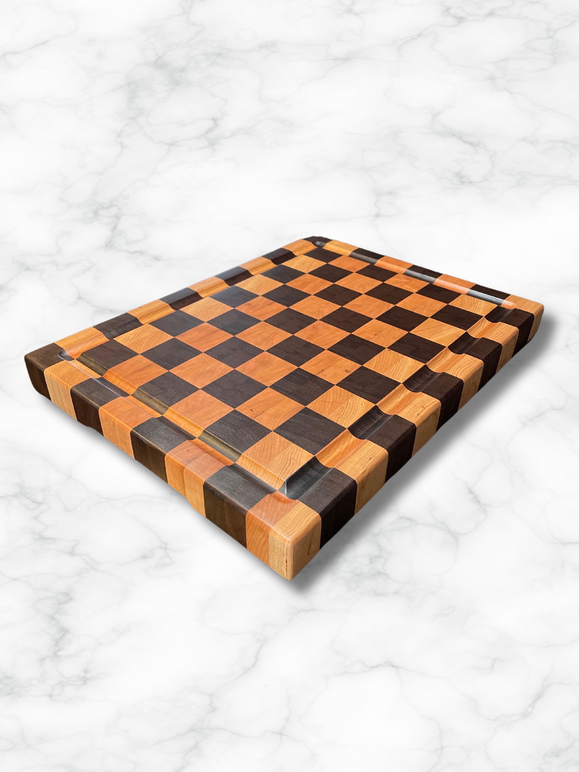 custom handmade end grain walnut cherry wood cutting board, side view