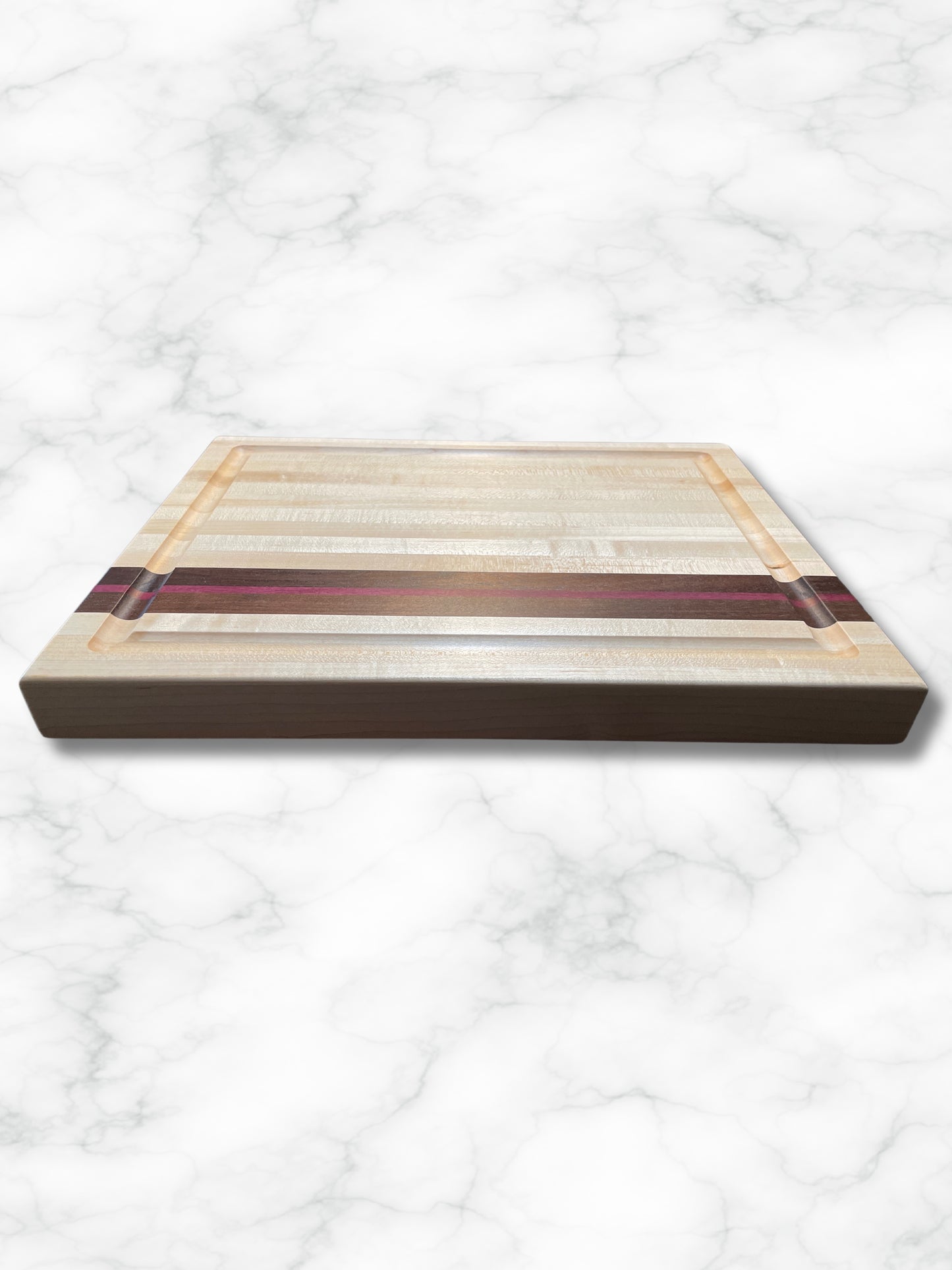 custom handmade edge grain cutting board wood maple walnut purpleheart, front view