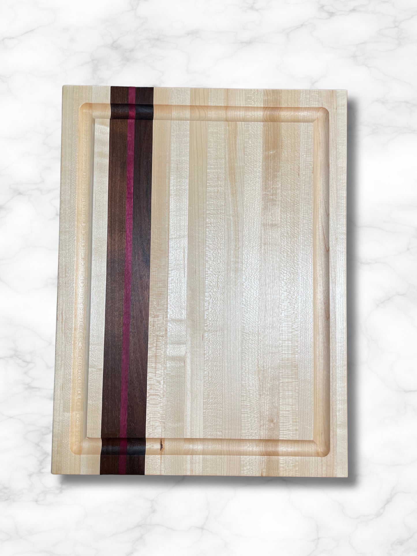 custom handmade edge grain cutting board wood maple walnut purpleheart, top view