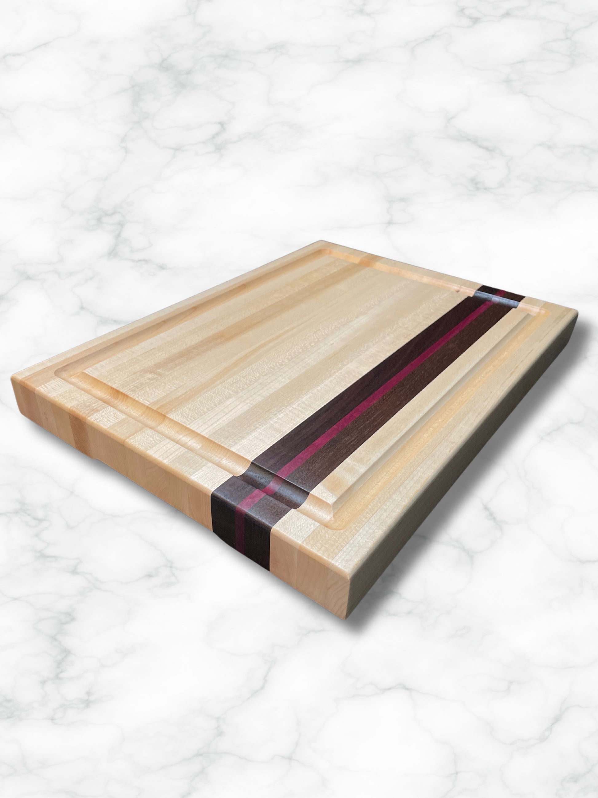 custom handmade edge grain cutting board wood maple walnut purpleheart, side view