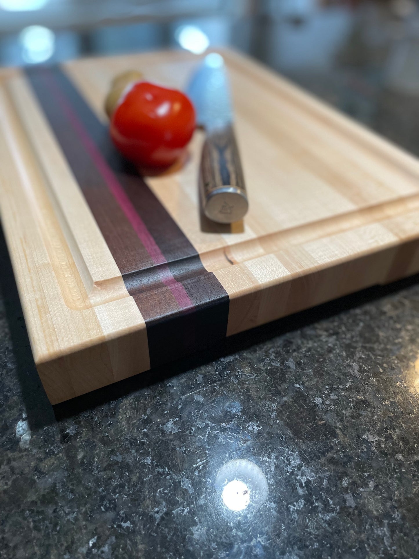 custom handmade edge grain cutting board wood maple walnut purpleheart, side/top view