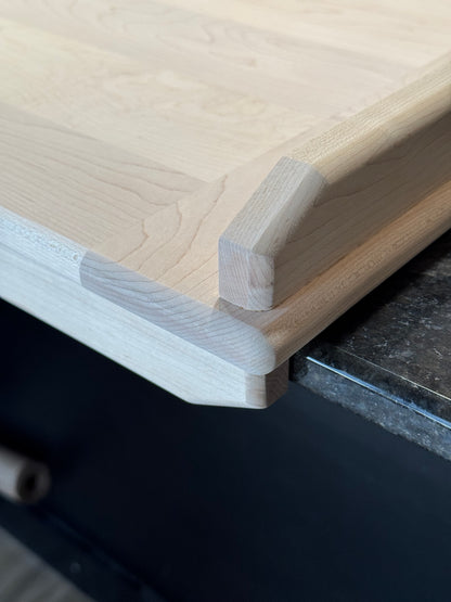 Front corner view of maple pierogi board handmade in Ottawa