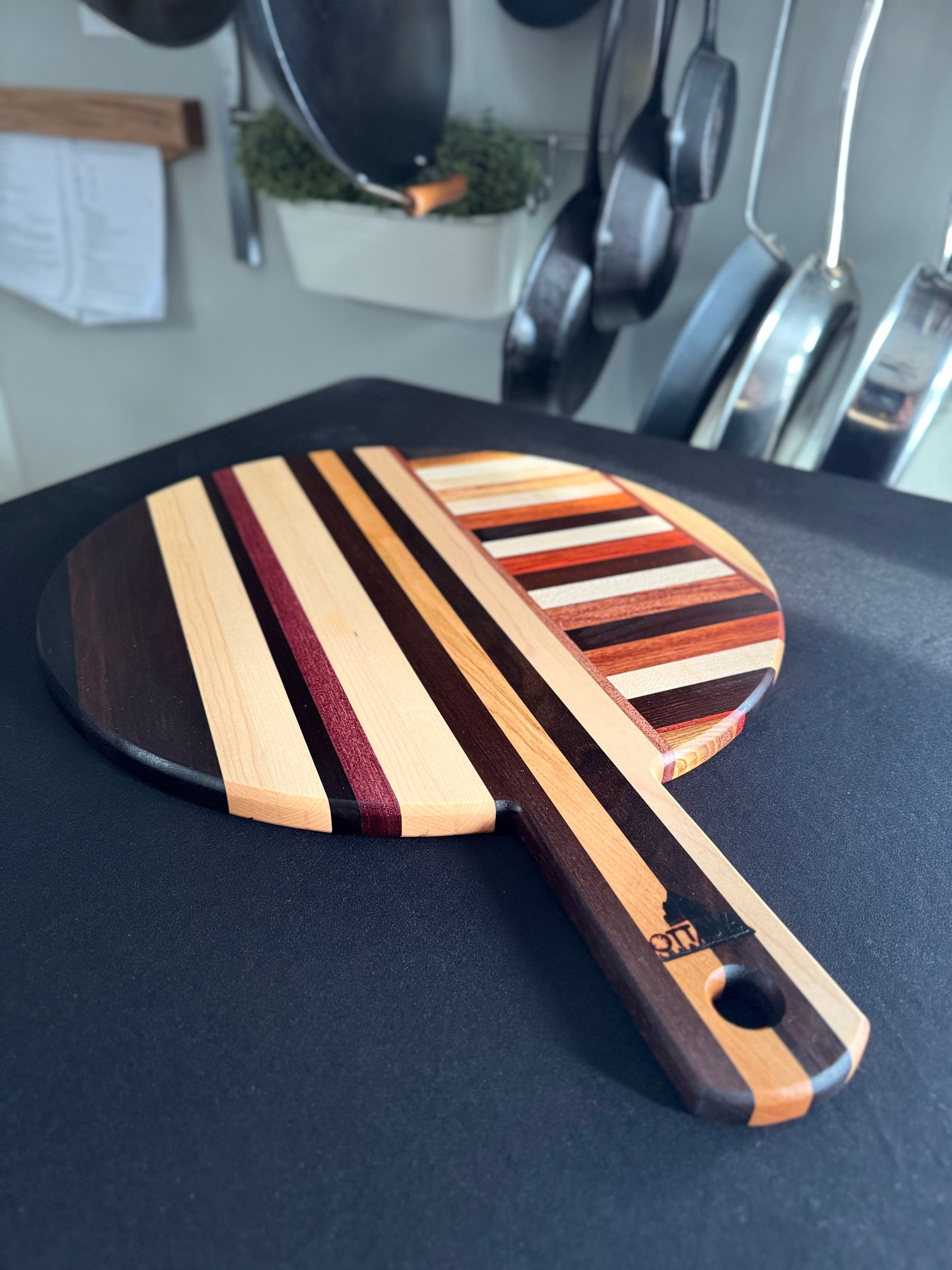 Overhead view of Elora hardwood pizza board handmade in Ottawa