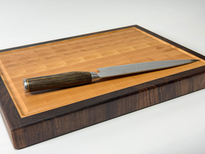 Top down surface view of maple end grain cutting board with knife handle, Ottawa Lumber Bin